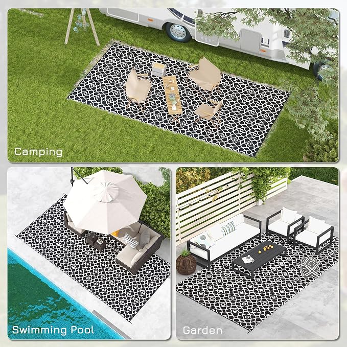 Outsunny Outdoor Rug for Patio, 9' x 18' Waterproof Large Mat, Reversible Plastic Straw Rug for Decor, Portable Outside RV Camping Area Carpet Mat for Backyard Porch Deck Picnic, Black & White Clover