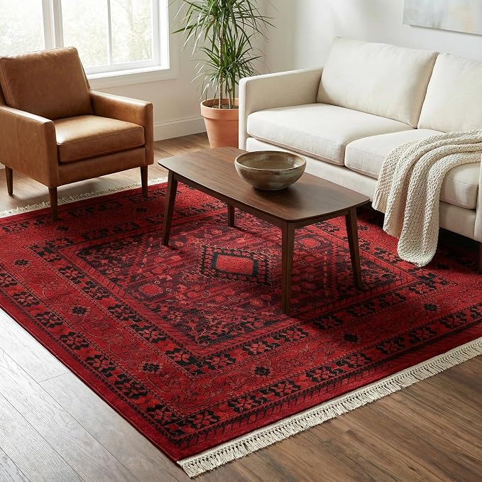 Unique Loom Tekke Collection Area Rug - Sheibani (4' 1" Square, Red/ Black)