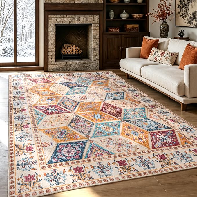 Moroccan Boho Floral Geometric Patchwork Washable 9x12 Large Rug | Vintage Distressed Non Slip Throw Carpet for Bedroom Livingroom Kitchen Hallway Entryway Office Dining Room Docer, Cream