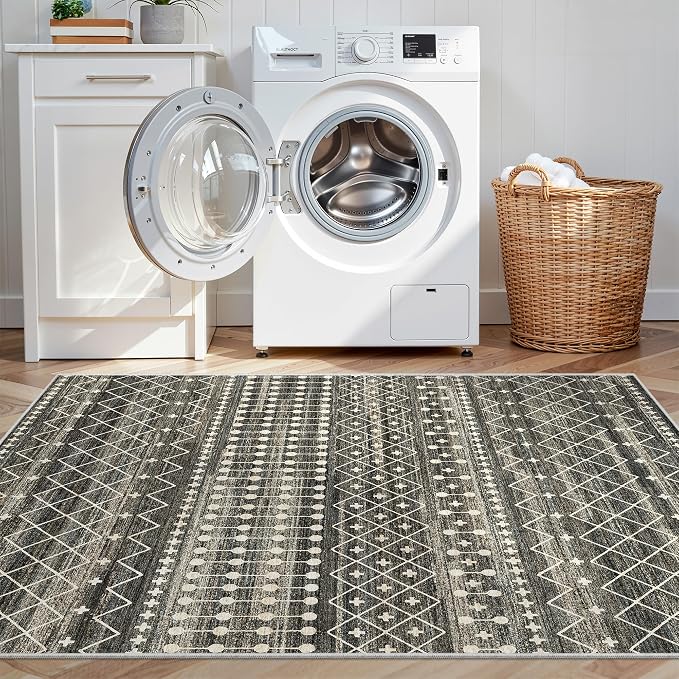 Miukiki 3x4 Washable Area Rug Moroccan Soft Non Slip Entryway Rug Black | Machine Washable 3x4 Rug for Bedroom Kitchen Living Room, Low Pile Indoor Floor Carpet with Vintage Pattern