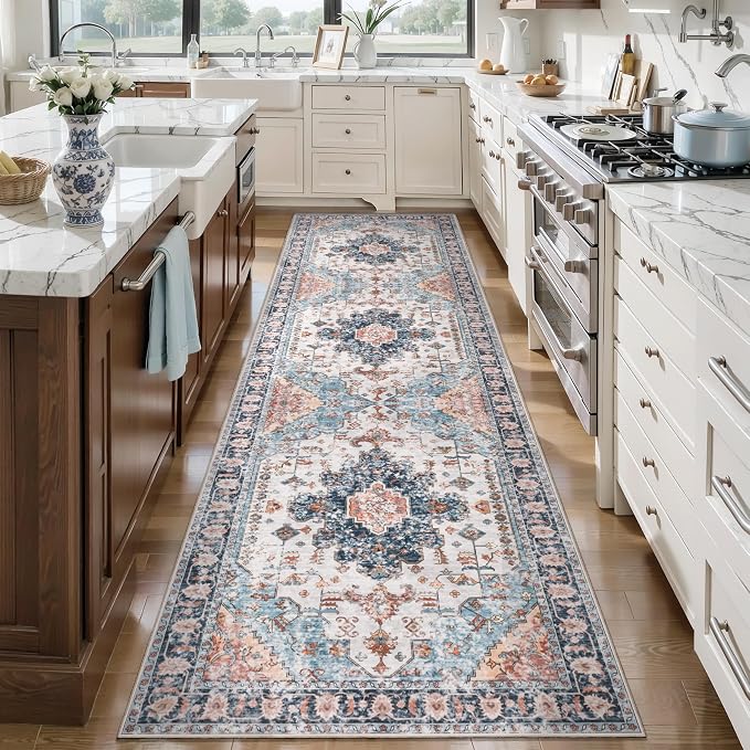 Tangsoo 3x10 Runner Rugs for Hallway, Long Washable Runner Rugs Non Slip | Vintage Soft Low Pile Rug Runner, Indoor Oriental 10ft Carpet Runners for Living Room Kitchen Bedroom Blue/Orange Home Decor