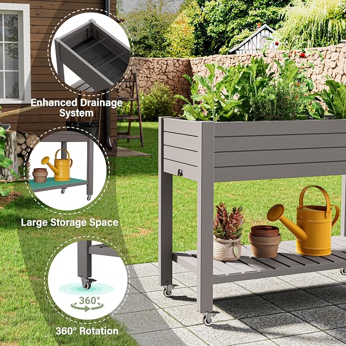 Elevated Raised Garden Bed with Wheels,Planter Box,Gray-33.7" h | Resin Planter Box with Drainage Holes, Water Monitor, Wheels for Garden Patio Backyard