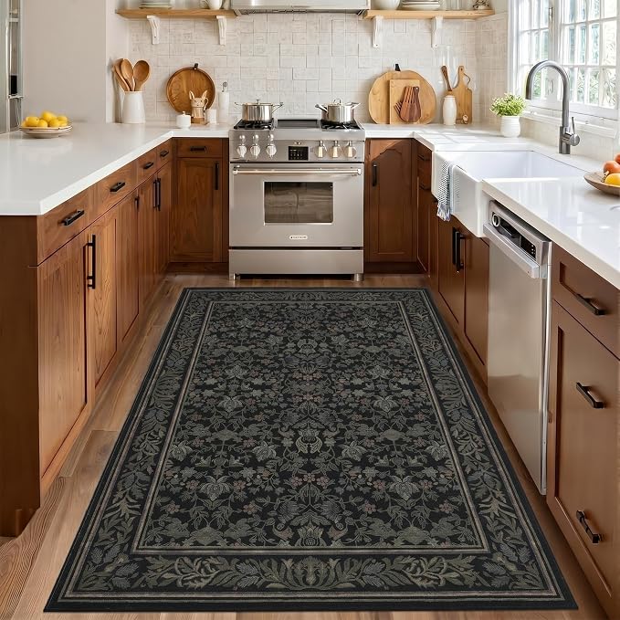 GarveeHome Washable 3x5 Entryway Rugs Non Slip Kitchen Area Rug, Black | Boho Vintage Soft Low Pile Stain Resistant Indoor Carpet for Living Room Bedroom Hallway Nursery Home Office