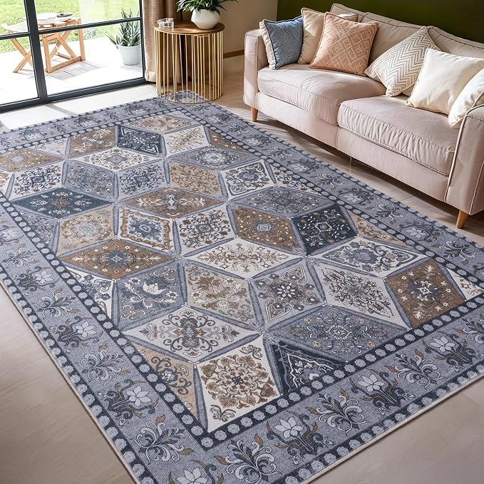 Moroccan Boho Floral Geometric Patchwork Washable 4x6 Large Area Rug | Vintage Distressed Non Slip Throw Carpet for Bedroom Livingroom Kitchen Hallway Entryway Office Dining Room Docer, Dark Grey