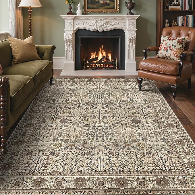 6x9 Washable Area Rug for Living Room, Dark Espresso | Vintage Distressed Floral, Spill Resistant, Lightweight Low Pile Non-Shedding Carpet for Bedroom, Dining Room and Office