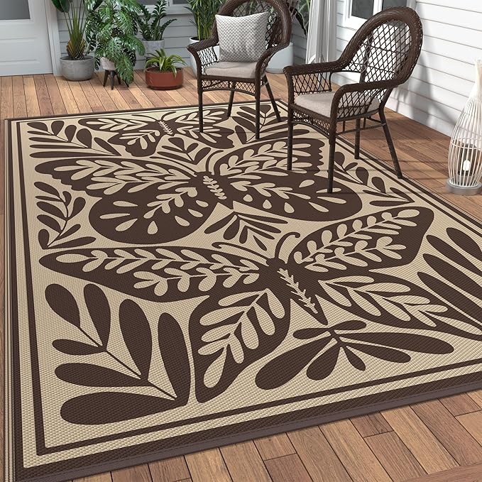 GENIMO Outdoor Rug 6' x 9' Waterproof for Patio Clearance, Reversible Plastic Straw Camping Mat, Lightweight Carpet for Rv, Camper, Deck, Porch, Picnic, Balcony, Beach,Khaki Coffee & Beige