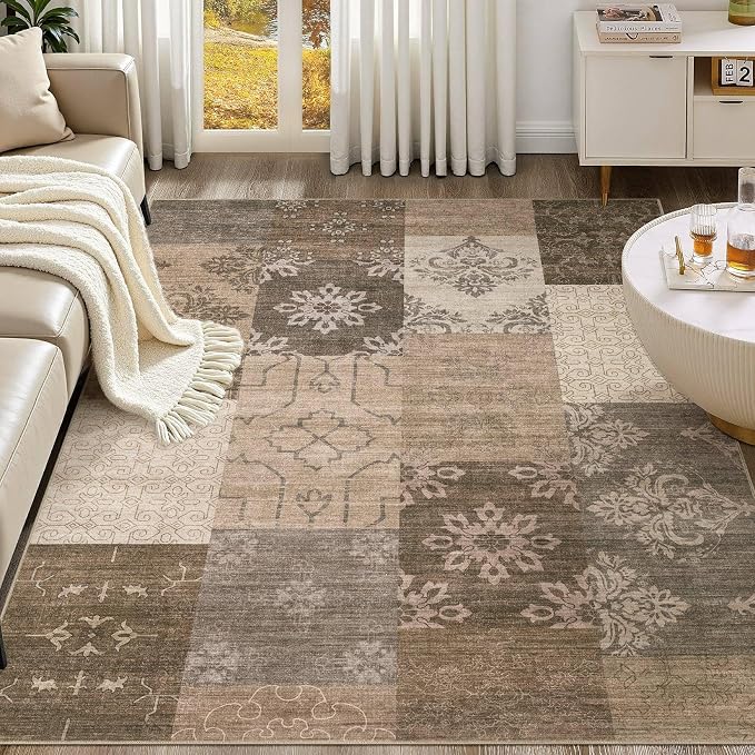 UERMEI 10x12 Area Rug for Living Room, Washable Brown Modern Geometric Patchwork Non Slip Stain Resistant Low Pile Foldable Carpet for Bedroom Dining Farmhouse Home Office