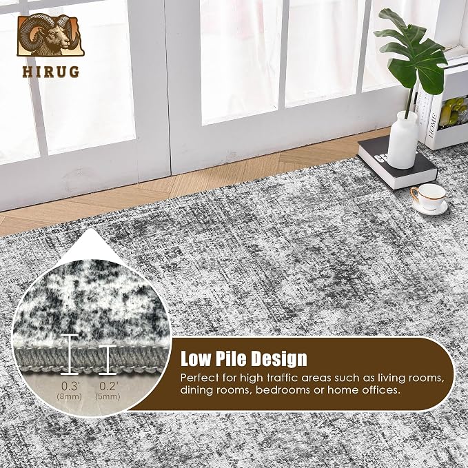 Washable Area Rug 4' x 6' Vintage Traditional Persian Mat - Foldable Distressed Non-Slip Machine Washable Carpet for Living Room Bedroom Kitchen Home Decor - Graphite and Mist