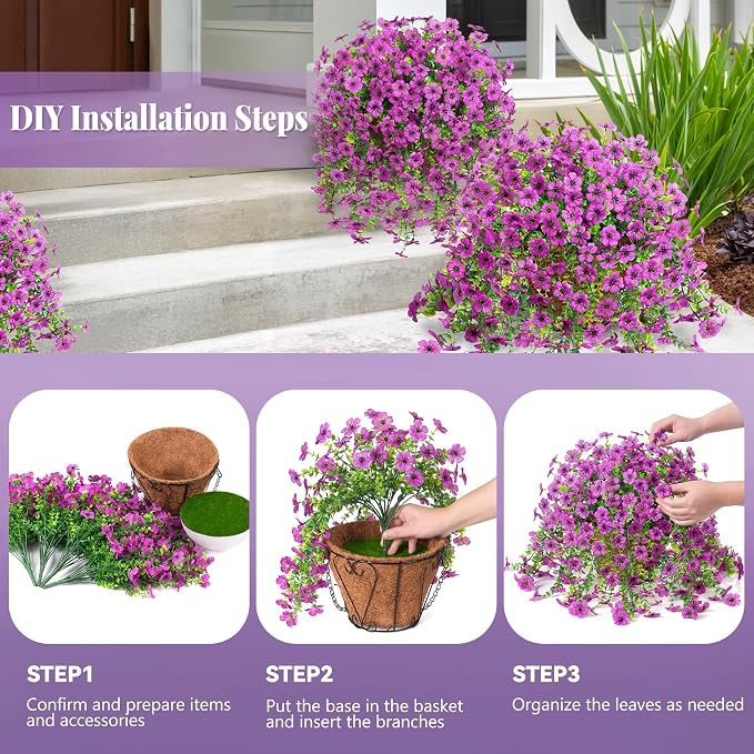Ammyoo Artificial Fake Hanging Flowers with Basket for Outdoor Spring Decoration, Faux Silk Daisy Flower Real Touch Hanging Plants UV Resistant for Outside Porch Patio Garden Yard Home Decor(Purple)