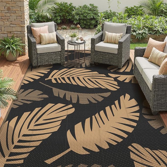 GENIMO Waterproof Outdoor Rug 5' x 8' for Patio Decor, Reversible Plastic Straw Area Rugs for Camping Clearance, RV Mat, Large Outside Carpet for Porch, Deck, Picni, Balcony, Garden, Black & Brown