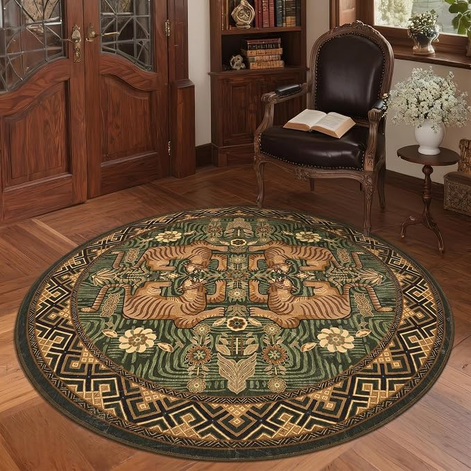 GarveeHome Tiger Round Area Rugs Boho Bedroom Non Slip Washable Vintage | 5ft Green Animal Print Circle Rugs Non Slip,Tribal Floor Carpet for Dining Room Entryway Nursery Playroom Office