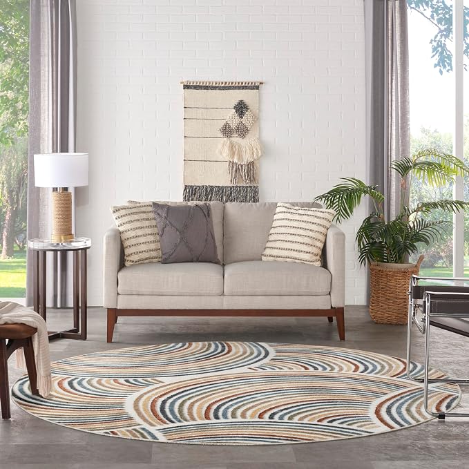 Nourison Home Astra Machine Washable Ivory Multicolor 4' x Round Area Rug - Easy Clean, Non Shedding, Bed Room, Living Room, Dining Room, Kitchen (4' x Round)