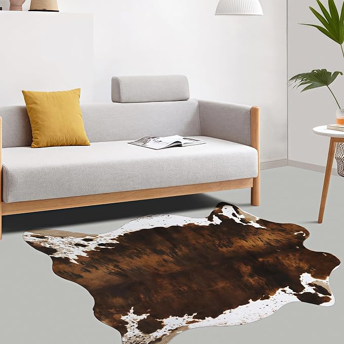 Sgizoku Cow Print Rug - 3.6x2.5 Feet Cow Hide Rugs Faux Cowhide Rug Cute Area Rug Fun Western Room Decor Cow Rugs for Living Room Bedroom Non-Slip Yellow-Brown(43 inches x 29 inches)