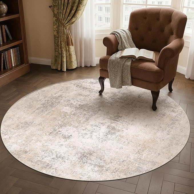 5ft Round Beige Modern Abstract Washable Rug for Living Room | Low Pile, Non Slip, Modern Abstract Style, Soft Round Rug for Living Room, Bedroom, Dining Room, Home Decor