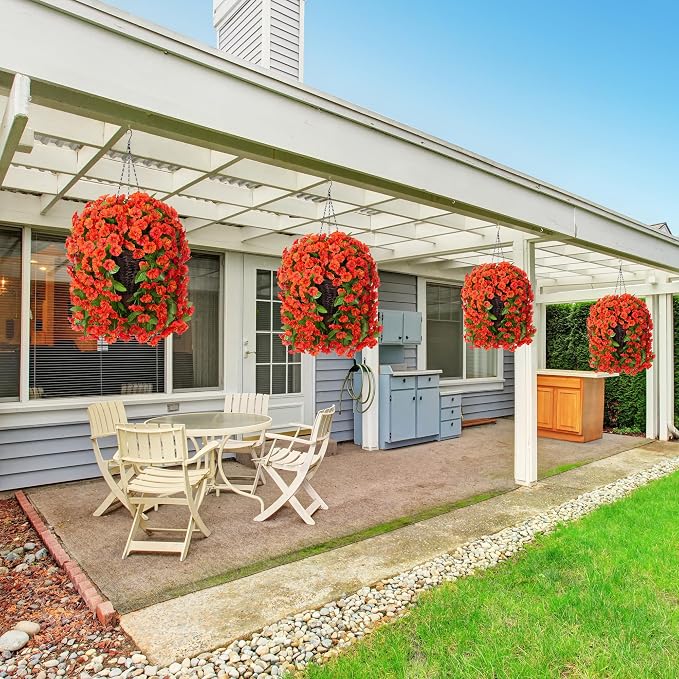 HyeFlora Artificial Fake Hanging Flowers Plants Baskets for Outdoor Decoration, Faux Silk Orange Morning Glory in Planter UV Resistant Look Real for Home Porch Patio Balcony Yard Decor