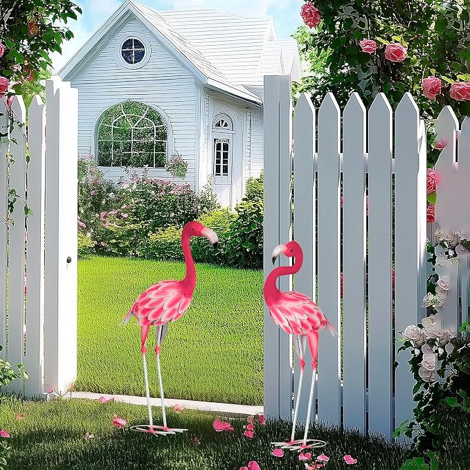 Set of 2 Pink Flamingo Outdoor Statues, Metal Yard Flamingo for Garden Patio Lawn Backyard Decorations