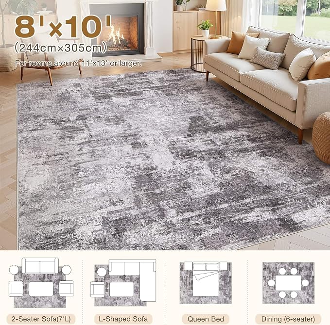 kakania Abstract 8x10 Area Rugs for Living Room: Washable Rugs Grey | Soft, Non-Slip, Low-Pile, Pet & Kid Friendly - Large Modern Home Decor Carpet for Bedroom/Dining Room/Office/Nursery
