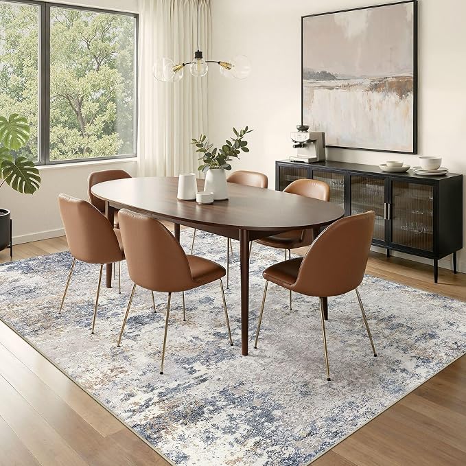 Nakagishi 10X14 Abstract Washable Area Rugs for Living Room-Blue Grey | Modern Non-Slip Silicone Backing Low Pile Soft Carpet for Bedroom Dining Decor Ideal for Families with Kids and Pets
