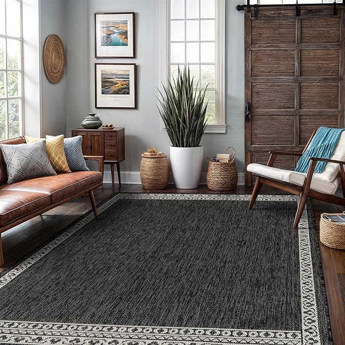 Washable Outdoor Rug 8x10 Modern Area Rugs Outdoor Carpets Bordered Pattern Non Shedding Waterproof Easy Clean Patio Deck Porch Living Room Bedroom Garden RV (8 X 10 Dark Gray)