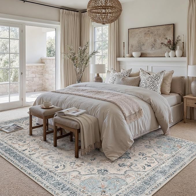 Blue Area Rug 8x10 Living Room Vintage Floral Non-Slip Carpet | Machine Washable, Soft, Low Pile, Distressed, Large for Bedroom, Dining Room, Office, Retro Neutral Decor