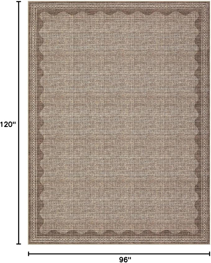 8x10 Scalloped Area Rugs Coffee Washable Living Room Bedroom Rug | Solid Tan Rug for Bedroom Girls, Non Slip Throw Carpet With Rubber Back, Soft Dorm Nursery Scalloped Rugs for Dining Room