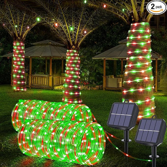 Solar Rope Lights, 2 Packs Total 132ft 400LED Solar String Lights, 8 Modes Waterproof Solar Outdoor Light, Flexible Clear Trampoline Light for Garden Backyard Patio Deck Pool Tree Decor - Red & Green