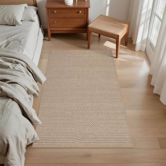 Easy Jute Rug 3x5 Outdoor: Natural Area Rugs for Patio Linen-Look Fabric Durable - Neutral Washable Carpet Mat for Entryway Bedroom Kitchen Non-Slip - Swirl Curved Pattern