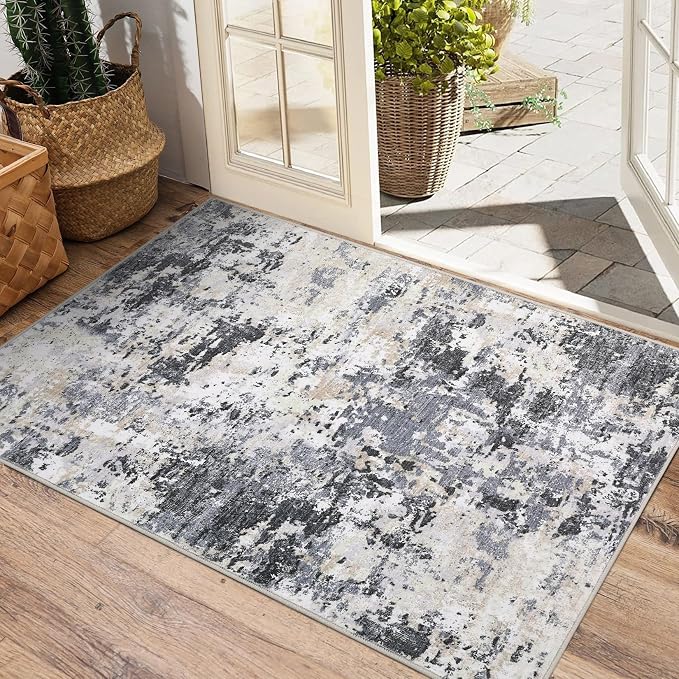 ROYHOME Modern Scalloped Abstract 2x3 Area Rug Non Slip, Black Yellow | Non Shedding Low Pile Stain Resistant Rug for Entryway Kitchen Bedroom