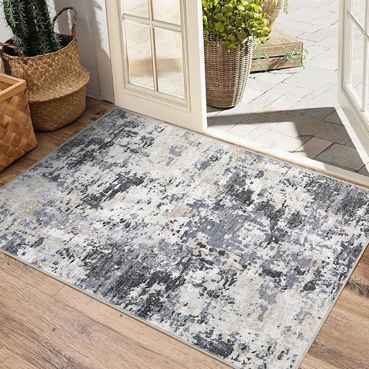 ROYHOME Modern Scalloped Abstract 2x3 Area Rug Non Slip, Black Yellow | Non Shedding Low Pile Stain Resistant Rug for Entryway Kitchen Bedroom