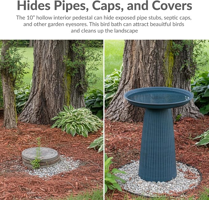 Sunnydaze Gleeful Garden 23" Iron Pedestal Bird Bath for Outside - Modern Shallow Basin Birdbath for Outdoors with UV-Protected Rust-Resistant Finish for Patio, Garden, Yard Decor - Blue Glaze