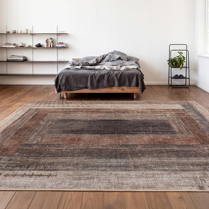 Neutral Geometric Beige 8x10 ft Large Rug for Living Room Bedroom | Contemporary Modern Area Rugs Vintage Non-Slip Soft Faux Wool Low Pile Indoor Carpet for Dining Room Office Home Decor