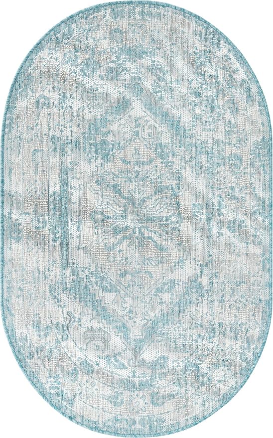 Unique Loom Outdoor Traditional Collection Area Rug - Valeria (3' 3" x 5' 3" Oval, Aqua/ Ivory)