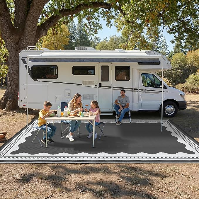 Garvee Outdoor Rug 6x9 Scalloped Waterproof Patio RV Outdoor Rugs Reversible Foldable Plastic Straw Rug Modern Camping Carpet for Deck Camper Porch Balcony Backyard Picnic Beach Grey