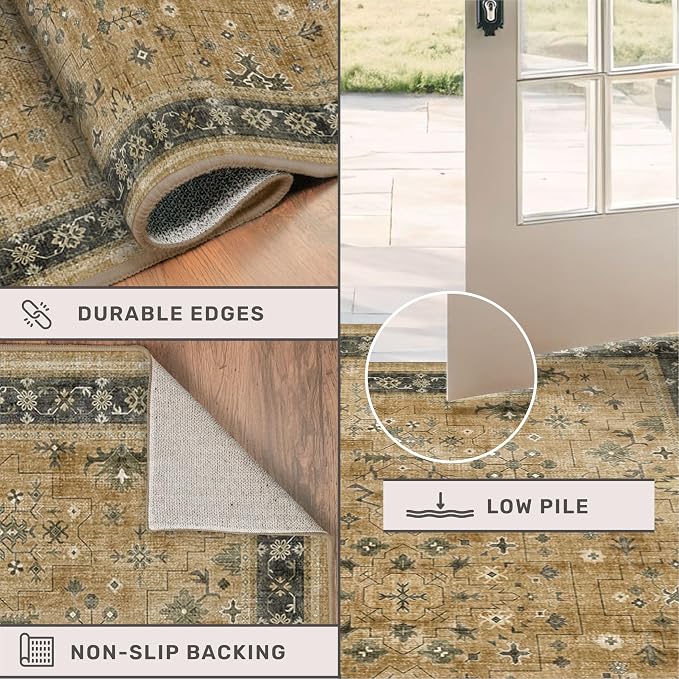 Vintage 2x8 Runner Rug for Hallway, Boho Long Runner Rug for Kitchen, Bathroom, Non-Slip Low-Pile Washable Stain Resistant, Rustic Brown and Charcoal Olive Earthy Décor