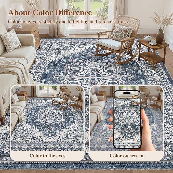 UERMEI 5x7 Area Rug for Living Room - Washable Vintage Carpet, Non-Slip Soft Large Indoor Floor Rugs for Bedroom Home Office & Under Dining Table Decor, Denim Blue/White