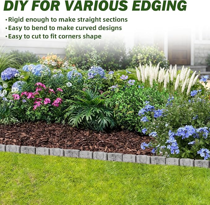 Landscape Edging Faux Stone Edging Garden Edging Border,68FT x 2.75 in Tall Decorative Stone-Look Garden Border for Flower Bed Edging,Yard Edging,Lawn Trees and Gardens,with Anchoring Spikes,Gray
