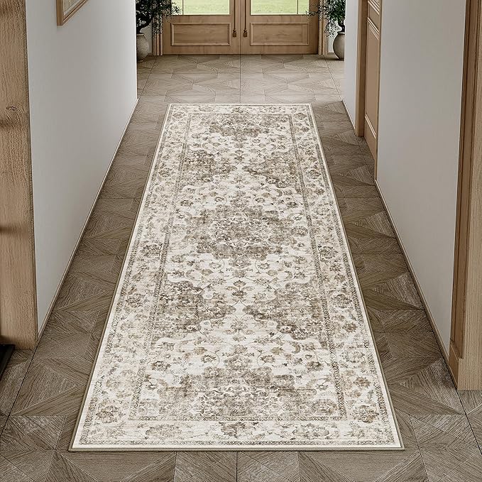 2x6 Brown Neutral Runner Rug | Washable, Non Slip, Soft Low Pile, Vintage Farmhouse, for Hallway Kitchen Laundry Bathroom Bedroom Living Room Home Decor