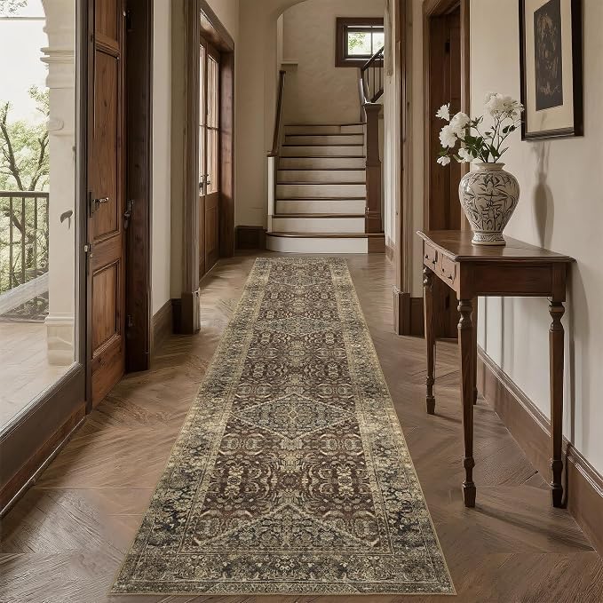 Vintage Brown Runner Rugs for Hallway: Washable Runner Rug 2x10 for Kitchen Entryway Bathroom Bedroom Indoor - Home Decor Mat Carpet - Oriental Dark Brown