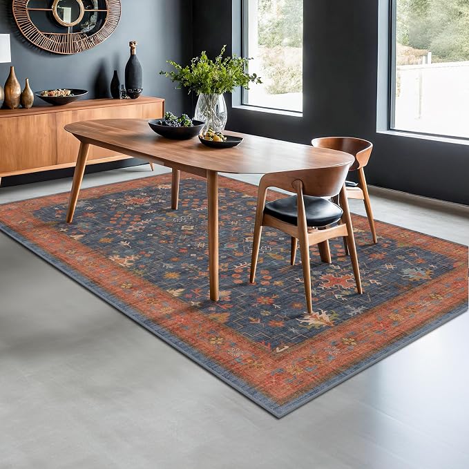6x9 Dining Room Rugs for Under Table - Washable Area Rug for Living Room, Low Pile Non-Slip Rugs for Bedroom - Navy Blue & Terracotta Vintage Boho Eclectic Home Decor