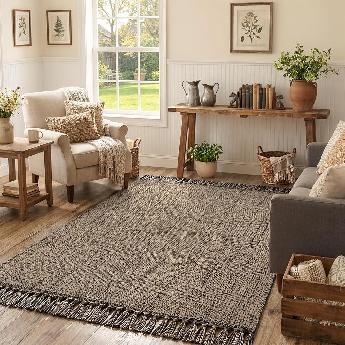 4' x 6' Bedroom Area Rug, Modern Farmhouse Indoor Outdoor Rugs | Boho Living Room Rug, Natural/Black Hand Woven Comfy Bedside Mats Reversible Dining Room Carpet for Nursery Room Patio Decor