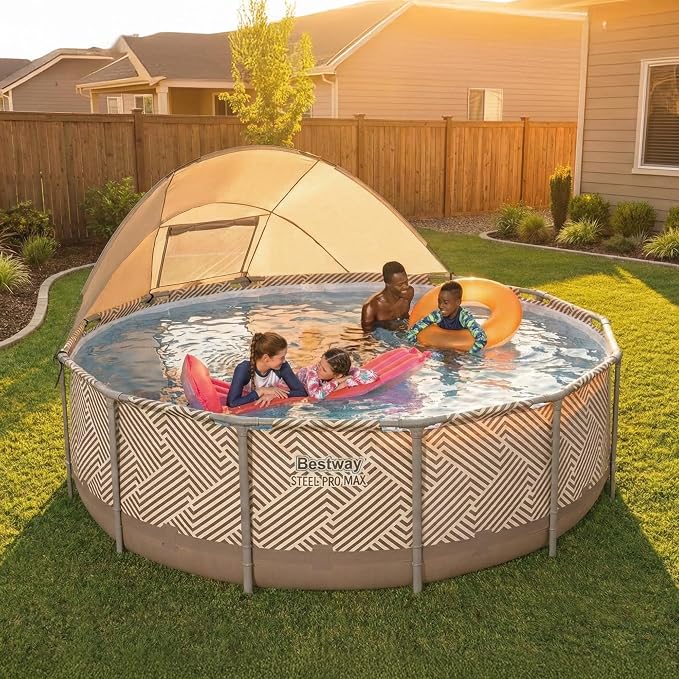 Bestway Steel Pro MAX 13' x 42" Above Ground Swimming Pool Set with Pump | Durable Round Metal Frame Outdoor Backyard Pool, Puncture-Resistant Liner - Canopy, Ladder, and Cover Included, Taupe