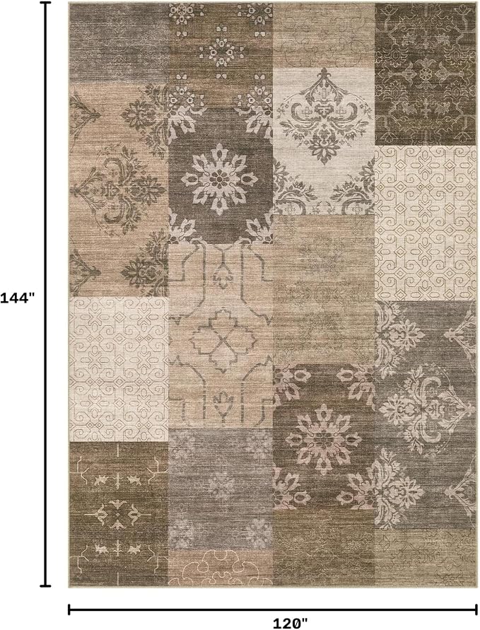 UERMEI 10x12 Area Rug for Living Room, Washable Brown Modern Geometric Patchwork Non Slip Stain Resistant Low Pile Foldable Carpet for Bedroom Dining Farmhouse Home Office
