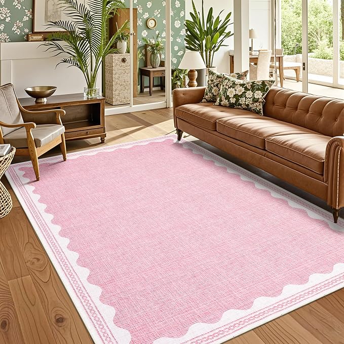 Garvee Scalloped Rug 5x7 Washable Living Room Rug Non Slip Modern Rugs Pink | Ultra Soft Non-Shedding Floor Cover Low Pile Stain-Resistant Bordered Print Throw Carpet for Bedroom Kids Room Dorm