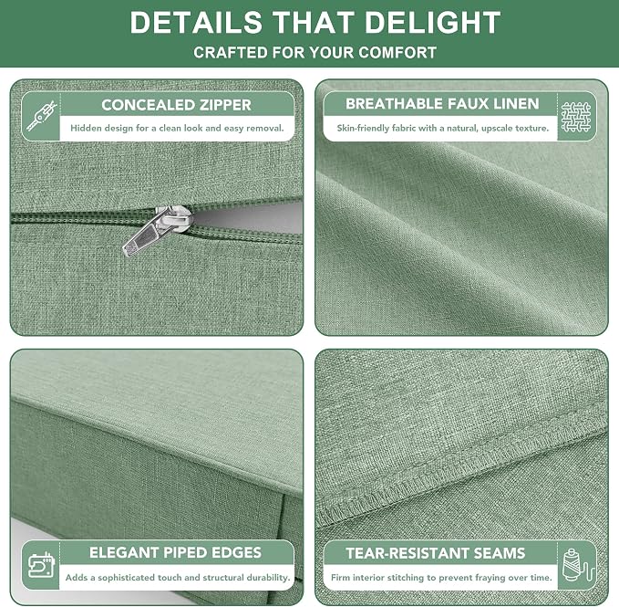 Summsun Outdoor Cushions for Patio Furniture, Faux Linen Water Resistant Backrest and Deep Seat Cushion Set with Removable Cover, Ties, Non-Slip Bottom, 22 x 22 Inch, Sage Green, Set of 4