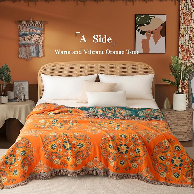 Phuryllic Boho Throw Blanket Full Size, Extra Large Soft Cozy Cotton Muslin Quilt Blanket for Bed Decor, Floral Patterned Couch Sofa Chair Cover, Vintage Farmhouse Cottage Woven Blanket, Orange&Green