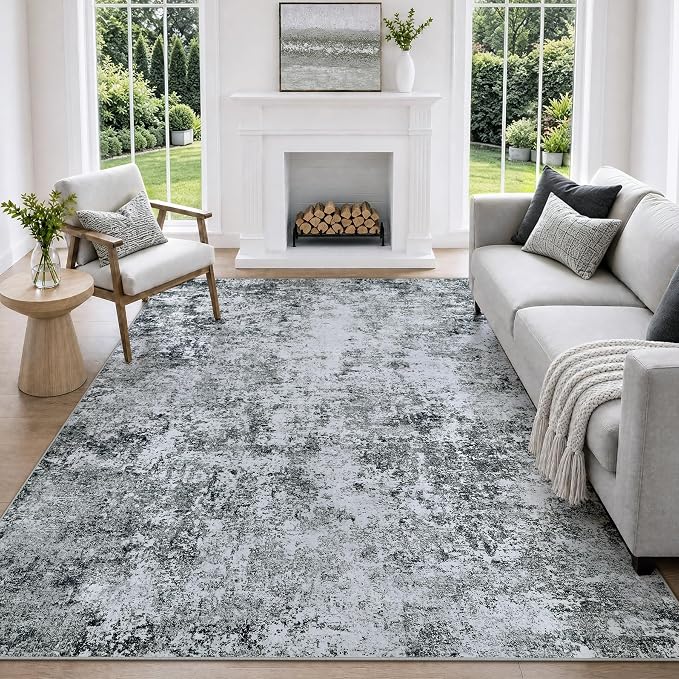 5x7 Washable Area Rug Modern Abstract for Living Room Bedroom Gray White | Soft Indoor Carpet,Anti-skid Backing,Water Repellent,Non-shedding, Suitable for bedroom dining farmhouse nursery home office