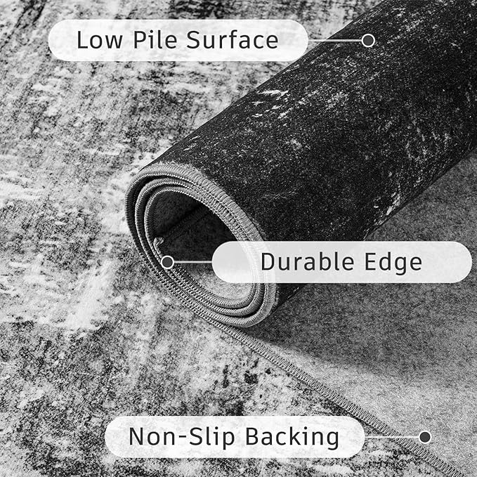 DCX Washable Abstract Area Rug 5x7, Non Slip Low Pile Rug, Black | Easy to clean, non-shedding, soft, kid & pet friendly, with a non-slip rubber backing for living rooms, bedrooms, and offices