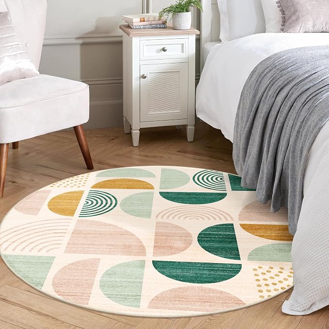 Round Rug 4ft Small Circle Area Rug Washable Non Slip Modern Abstract | Circular Rugs for Entryway Bedroom Kitchen Boho Throw Carpet Soft Low Pile Floor Indoor Bohemian Sage Green