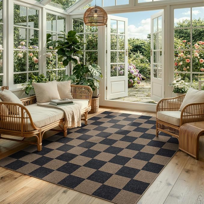 Lahome Checkered Easy Jute Living Room Rugs, 5x7 Black Dining Room Office Rug Farmhouse Washable Carpet, Checkerboard Neutral Non Slip Indoor Outdoor Carpet for Bedroom Entry Patio