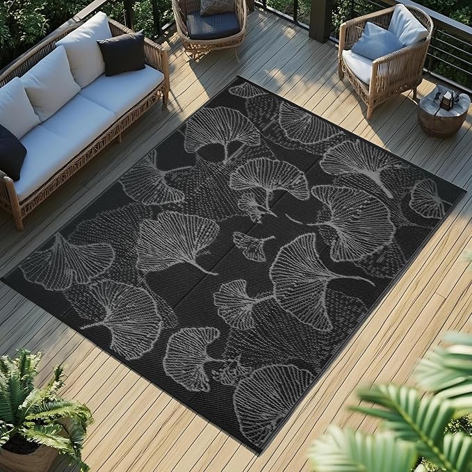 Outdoor Patio Rugs 8'x10' Waterproof, Reversible Plastic Straw Camping Rug Carpet, Large Area Rugs Mats for Rv, Deck, Porch, Picnic, Beach, Balcony, Black & Grey